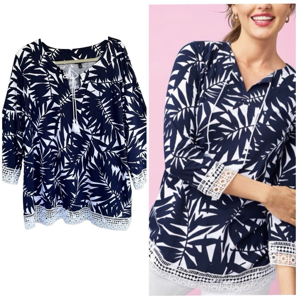 Talbots Peasant Knit Top Sz 3X Plus Blue White Floral Crochet Lace Pima Cottage